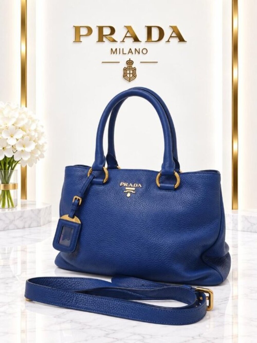 Authentic Prada Vitello Daino Blue Leather Satchel Bag